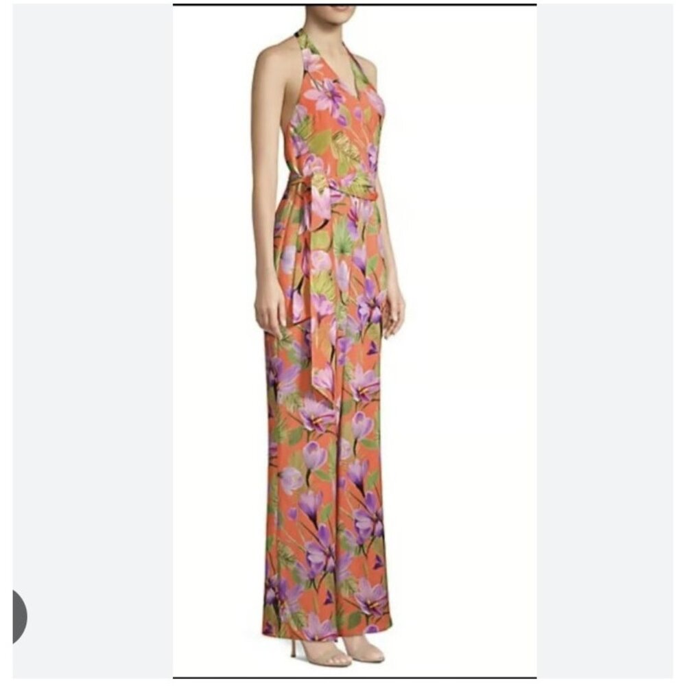 Alice + Olivia Cyrus Jumpsuit Womens 6 Orange Floral Halter Wide Leg Tropical
